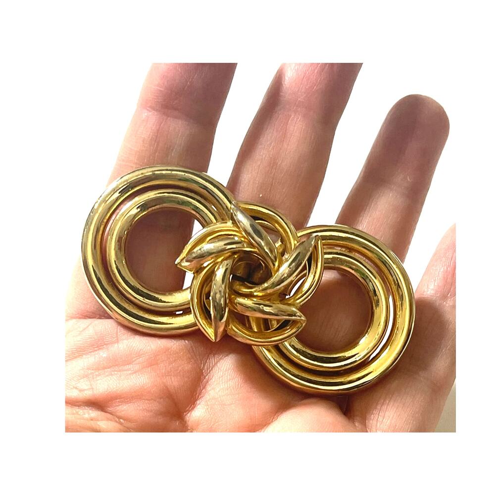 Vintage 90s Large Gold Tone Double Circle Modernist Brooch Pin-Architectural 3"